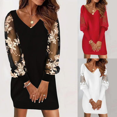 Long-sleeved Lace Splicing V-neck Womens Dress