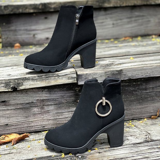 Round Head Side Zipper Ankle Boots