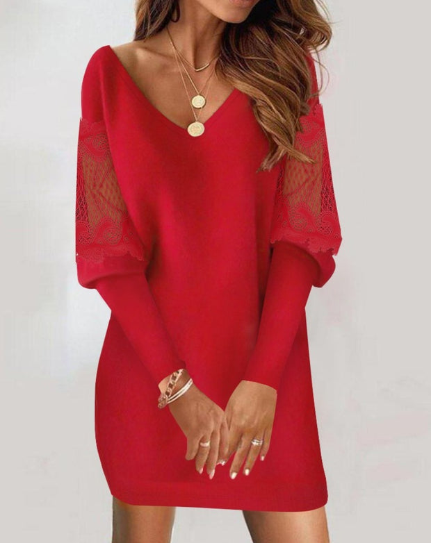 Long-sleeved Lace Splicing V-neck Womens Dress