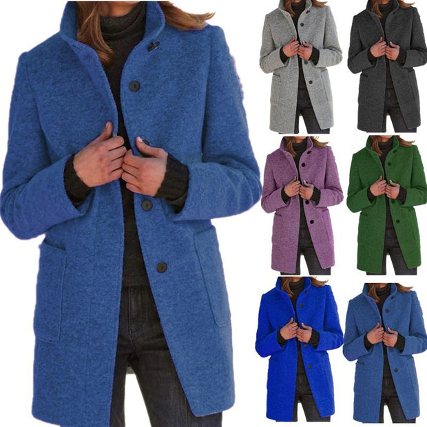 Woolen Winter Colar Coat With Pockets