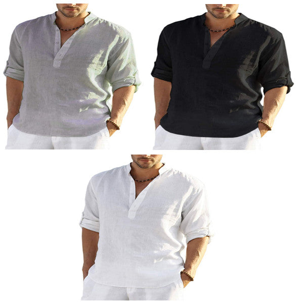 Men's Casual Cotton Linen Long Sleeve Shirt