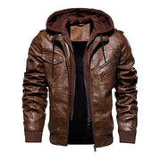 Men Hooded Leather Jacket Thick Motorcycle Windproof